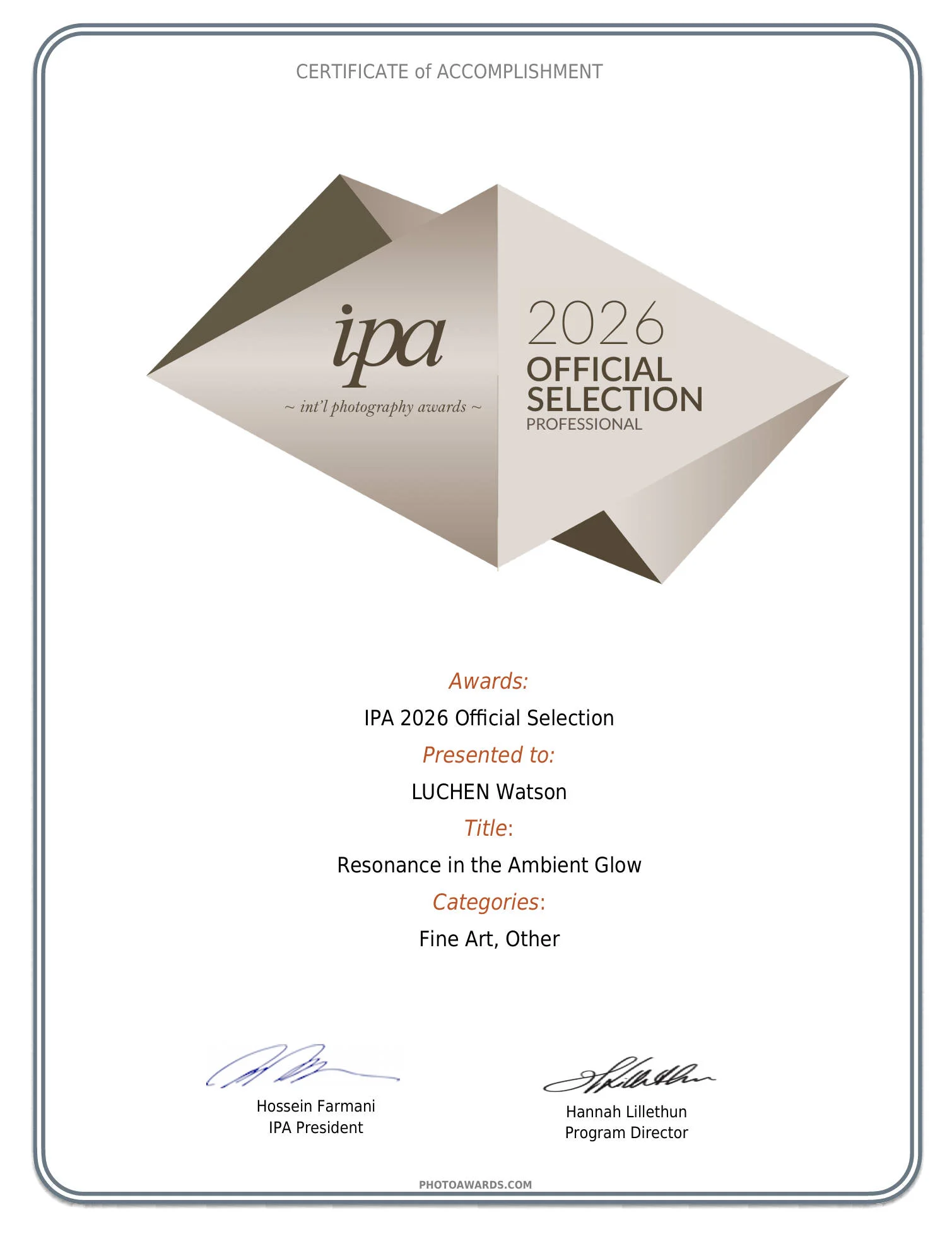 IPA 2026 Official Selection certificate for LUCHEN Watson